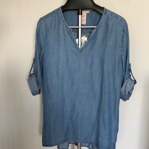Philosophy Denim Roll Tab Sleeve Tunic Top Sz L